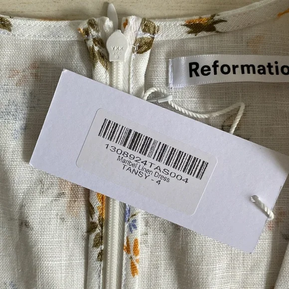 Reformation Maribel Linen Midi Floral Dress Puff Short Sleeves V Neck Tansy 4 - Picture 9 of 14